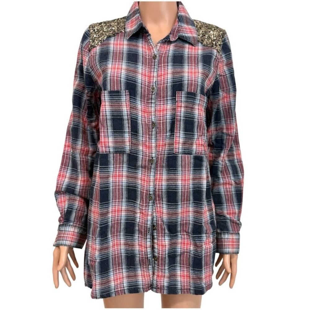 Free People Little Bit of Sugar plaid flannel sequin mesh panels TLS2 3585